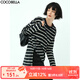 COCOBELLA立體段彩黑白色織條紋長(cháng)袖T恤女側開(kāi)叉休閑上衣TS99 黑白條 XL