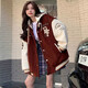 SUDEEBIOY閨蜜裝冬季外套女學(xué)生美式復古棒球服2024年新款秋寬松連帽夾克 酒紅色【冬季加絨加厚】 M86-105斤