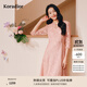 珂萊蒂爾[瑰麗小蠻腰]通勤圓領(lǐng)法式優(yōu)雅蕾絲連衣裙 淡紅 M