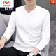 貓人（MiiOW）秋衣長(cháng)袖T恤男士純棉潮流v領(lǐng)春秋純色簡(jiǎn)約上衣打底衫薄款保暖內衣 1001白色 2XL 建 議：(145-160斤)