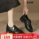 ZHR頭層牛皮革單鞋女職場(chǎng)商務(wù)復古皮鞋女粗跟英倫樂(lè )福女鞋JE12黑色36