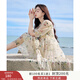 香影（xiangying）碎花連衣裙女2025年夏季新款系帶木耳邊仙氣海邊飄逸寬松裙子 米色 M