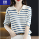羅蒙（ROMON）女裝T恤女 2026春夏翻領(lǐng)polo衫女線(xiàn)針織衫帶領(lǐng)短袖薄款條紋衫上衣 藍色 L