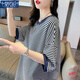 莫代爾短袖t恤女夏裝2025新款寬松休閑百搭韓版女條紋T恤中長(cháng)款上衣 MX-11-1056 藍色 L 適合121140斤