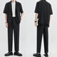 GOKU男士西服套裝夏季短袖青少年輕商務(wù)西裝三件套大學(xué)生畢業(yè)面試工作 黑色短袖西裝+白T+黑西褲 2XL 體重150-160斤