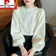 皮爾卡丹（pierre cardin）法式白色長袖襯衫女士燈籠袖雪紡上衣秋裝2024年新款寬松T恤 奶油黃 M