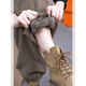 棉致加絨加厚高腰束腳褲子女秋冬季新款寬松燈芯絨運動(dòng)休閑褲女士衛褲 1112卡其色【加絨高品質(zhì)】 L  100-110斤