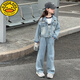 G.duck小黃鴨女童春裝牛仔套裝洋氣女孩大兒童春秋季時(shí)髦休閑外套闊腿褲 牛仔兩件套 160 cm
