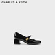 CHARLES&KEITH法式粗跟方頭金屬扣瑪麗珍鞋子女鞋女士七夕禮物CK1-60280433 Black Patent黑色 38