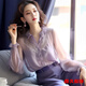 美安嘉新中式荷葉邊超仙雪紡衫女長(cháng)袖春夏新款洋氣時(shí)尚襯衫蕾絲拼接上衣 紫色-遮肚子上衣 XL 120-130斤-遮肚子上衣
