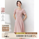 尚都比拉短袖連衣裙女夏季時尚通勤中長款a字裙釘珠收腰顯瘦裙子 粉色 M