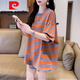 皮爾卡丹（pierre cardin）C棉短袖t恤女2025新款大尺碼裝條紋夏季寬松中長(cháng)款遮屁股洋氣上 紅藍色 XL (適合141-170斤)