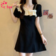 CTOX大碼黑色短袖連衣裙女夏季收腰顯瘦復古短裙微胖MM荷葉邊拼接裙子 黑色 優(yōu)質(zhì)款 XL 115-130斤