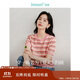 茵曼百搭輕薄通勤風(fēng)女裝條紋針織短袖t恤夏季顯瘦套頭上衣 藕粉色 M