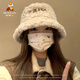 稻草人毛絨漁夫帽女2024秋冬季新款大頭圍顯臉小帽子保暖加絨盆帽洋氣 米色 均碼