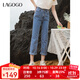 LAGOGO高腰直筒牛仔褲女拉谷谷2025年夏季新款淺藍色滌棉竹節長(cháng)褲 淺牛仔藍 M