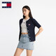 TOMMY JEANS25春夏新款女裝純棉優(yōu)雅通勤刺繡圓領(lǐng)麻花短袖針織開(kāi)衫外套