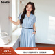 MsShe【巨顯瘦法式氣質(zhì)連衣裙】大碼女裝2025秋裝胖mm腰帶收腰襯衫裙 冰河藍色現貨 3XL