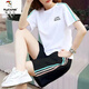 啄木鳥(niǎo)（TUCANO）純棉休閑運動(dòng)服套裝女夏2026新款大碼寬松學(xué)生短袖短褲跑步兩件套 黑白套裝三色 字母 L【建議100-115斤】