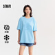 Semir森馬短袖T恤女中長款涼感抗菌套頭衫夏印花落肩衣服女生 天空藍81114 150/76A/XS