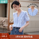 茵曼（INMAN）花邊純色v領(lǐng)襯衫夏季新品泡泡袖短袖上衣 藍色 L