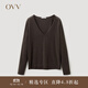 OVV【可機洗黃金羊毛】2023秋冬新款女裝簡(jiǎn)約深V領(lǐng)長(cháng)袖針織衫 深咖（凈色）A6 M