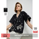 LILY2025夏新款女裝棉麻藝術(shù)感撞色飛鳥花朵刺繡系帶V領(lǐng)短袖襯衫 510黑 S