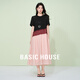 Basic House/百家好撞色休閑夏季新款寬松顯瘦氣質(zhì)感短袖連衣長(cháng)裙 黑拼朱古粉韻 M