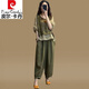 皮爾卡丹（pierre cardin）時(shí)尚棉麻套裝女2025夏季新品印花拼接假兩件上衣哈倫褲顯瘦兩件裝 上衣+褲子【兩件裝裝】 XL【120-135斤】