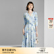 顏域時(shí)尚印花氣質(zhì)連衣裙女秋季2024新款優(yōu)雅中長(cháng)款七分袖V領(lǐng)裙子 藍花 M/38