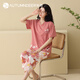 秋鹿女士睡衣純棉夏季短袖七分褲休閑簡(jiǎn)約大碼寬松全棉家居服套裝 豆沙紅 M /身高150-160體重85-100
