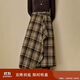 茵曼復古不規則荷葉邊格子半身裙2025冬女裝新款A字裙子 綠咖格 M