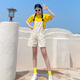 深妍色2025年夏季純棉短袖團(tuán)體多人聚會(huì)旅游演出服閨蜜姐妹背帶褲套裝女 套裝：鮮黃色T恤【背帶褲+鏡襪】 L 【上衣L碼+背帶褲XL碼】