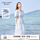 秋水伊人溫柔甜美風(fēng)V領(lǐng)連衣裙夏季新款女收腰顯瘦中長(cháng)裙子 藍色 L