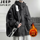 JEEP SPIRIT美式加肥加大碼沖鋒衣男款大碼300斤連帽夾克春秋款工裝機能外套 加絨 黑色【款】 6XL (225至250斤可穿)