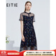 愛特愛（EITIE）夏季新品商場同款顯瘦高腰網(wǎng)紗拼接植物印花短袖連衣裙女6607316 深藍31 M 160