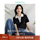 茵曼（INMAN）Polo領(lǐng)條紋短袖T恤2025夏季女裝新款修身顯瘦上衣 午夜黑 M