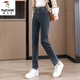 啄木鳥(niǎo)煙管褲直筒牛仔褲女九分高腰彈力加絨長(cháng)褲子新款百搭顯瘦寬松 九分煙管褲【藍灰色】 M 【96-110斤】
