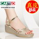 卡帝樂鱷魚（CARTELO）高檔女鞋斷碼真皮坡跟涼鞋女露趾2025夏季新款凱路厚底松糕鞋女 金色 36