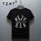 TZXT潮牌輕奢休閑絲光棉短袖t恤男修身新款夏季薄款大碼燙鉆圓領(lǐng)半袖 1004黑色 薄款 S (合適90-110斤)