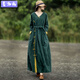 麥潮尚裙子連衣裙民族風(fēng)加厚棉麻女秋冬新款文藝復古麻料長(cháng)裙子顯瘦修身 綠色實(shí)物七分袖 L建議90-115斤