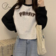 Jret設(shè)計(jì)感小眾寬松顯瘦插肩袖衛(wèi)衣女2025新款春秋美式復(fù)古長(zhǎng)袖t恤女 黑色 薄款 L 建議105-120斤