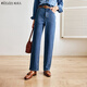 Olrain歐芮兒法式直筒牛仔褲女春裝高腰刺繡原宿風(fēng)闊腿褲子 牛仔褲 M