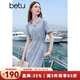 百圖betu女裝2025夏季新款短袖連衣裙廳里廳氣抽繩收腰裙子女2505T70 灰蘭 M