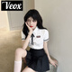 VEOX學(xué)院風(fēng)班服套裝女兩件套2025年新款夏白色短袖襯衣百褶短裙學(xué)生潮 白色上衣+領(lǐng)結+黑色短裙[三件 L _建議100-110斤