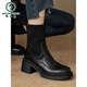 啄木鳥(niǎo)小羊皮拼接高跟粗跟圓頭襪靴女新款春秋短靴厚底針織彈力瘦瘦靴女 黑色【單里】 36
