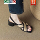 卡帝樂(lè)鱷魚(yú)（CARTELO）真皮粗跟涼鞋女士夏季2025新款復(fù)古拼色交叉帶方頭中跟羅馬鞋 黑色 36
