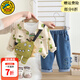 G.duck小黃鴨男童套裝春秋裝新款兒童襯衫外套男寶寶衣服小童衛衣牛仔褲 綠色三件套+包包 120 尺碼5~6歲【110-120cm】cm