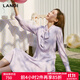藍地淺紫色飄帶領(lǐng)壓褶長(cháng)袖連衣裙女春季新款中長(cháng)款裙子 淺紫色 L