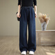 蘑菇同學(xué)大碼牛仔褲女秋冬2025新款寬松顯瘦松緊腰直筒牛仔闊腿褲女長(cháng)褲 深藍色 L 建議115-130斤